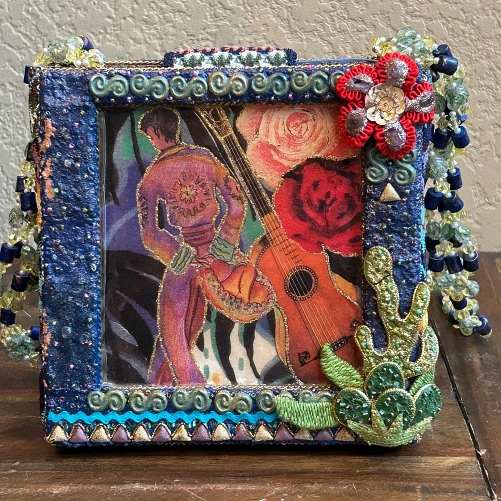Mary Frances Beaded Box Crossbody Bag Floral Guitar Art Handcrafted Purse